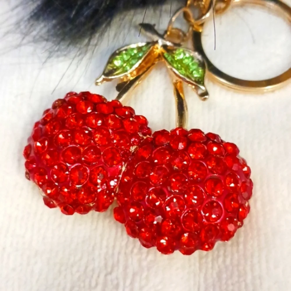 Crystal Cherries Bag Charm Key Chain Red w Black Faux Mink‎ Black Pom